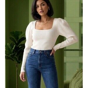 NWOT Maeve Anthropologie Size M Ivory Cream White Square Neck Puff Sleeve Modern